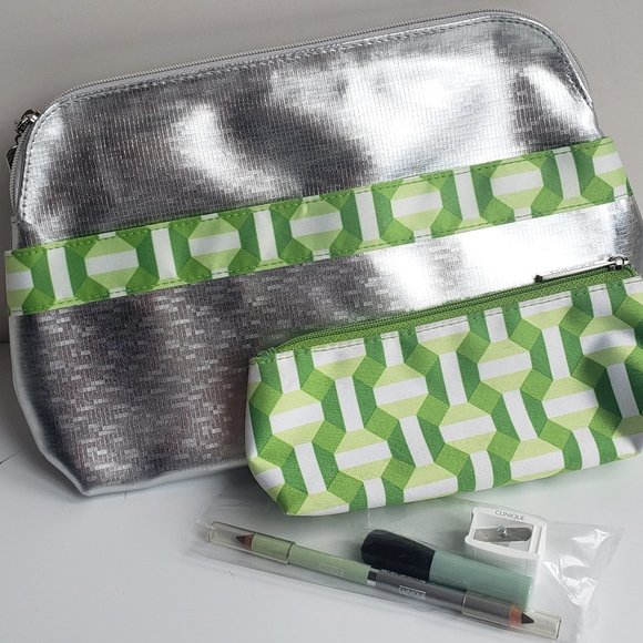 Clinique Shiny Silver Cosmetics Bag with Lime Green Geometric Print Mini Case - Picture 1 of 6